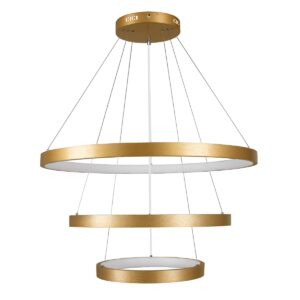 GloboStar® NEMESIS TRIO 61172 Κρεμαστό Φωτιστικό Δαχτυλίδι-Κύκλος LED CCT 120W 14723lm 360° AC 220-240V – Εναλλαγή Φωτισμού μέσω Τηλεχειριστηρίου All In One Ψυχρό 6000k+Φυσικό 4500k+Θερμό 2700k Dimmable Φ40+60+80cm – Χρυσό Βούρτσας – 3 Years Warranty