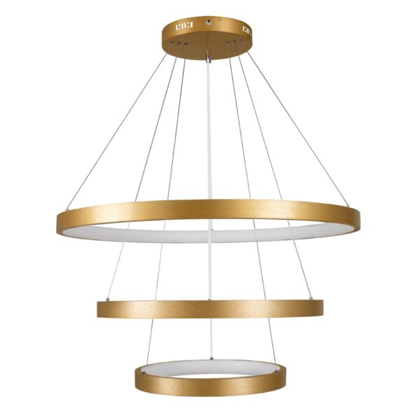 GloboStar® NEMESIS TRIO 61172 Κρεμαστό Φωτιστικό Δαχτυλίδι-Κύκλος LED CCT 120W 14723lm 360° AC 220-240V – Εναλλαγή Φωτισμού μέσω Τηλεχειριστηρίου All In One Ψυχρό 6000k+Φυσικό 4500k+Θερμό 2700k Dimmable Φ40+60+80cm – Χρυσό Βούρτσας – 3 Years Warranty