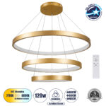GloboStar® NEMESIS TRIO 61172 Κρεμαστό Φωτιστικό Δαχτυλίδι-Κύκλος LED CCT 120W 14723lm 360° AC 220-240V – Εναλλαγή Φωτισμού μέσω Τηλεχειριστηρίου All In One Ψυχρό 6000k+Φυσικό 4500k+Θερμό 2700k Dimmable Φ40+60+80cm – Χρυσό Βούρτσας – 3 Years Warranty