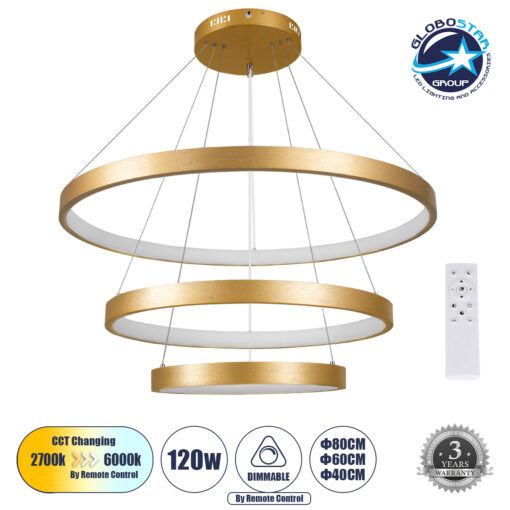 GloboStar® NEMESIS TRIO 61172 Κρεμαστό Φωτιστικό Δαχτυλίδι-Κύκλος LED CCT 120W 14723lm 360° AC 220-240V – Εναλλαγή Φωτισμού μέσω Τηλεχειριστηρίου All In One Ψυχρό 6000k+Φυσικό 4500k+Θερμό 2700k Dimmable Φ40+60+80cm – Χρυσό Βούρτσας – 3 Years Warranty