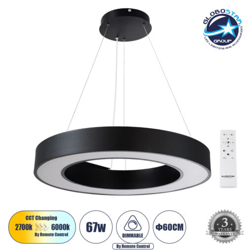GloboStar® RA 61194 Κρεμαστό Φωτιστικό Δαχτυλίδι-Κύκλος LED CCT 67W 7370lm 120° AC 220-240V – Εναλλαγή Φωτισμού μέσω Τηλεχειριστηρίου All In One Ψυχρό 6000k+Φυσικό 4500k+Θερμό 2700k Dimmable Φ60cm – Μαύρο – 3 Years Warranty