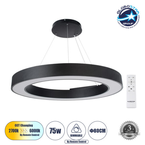 GloboStar® RA 61196 Κρεμαστό Φωτιστικό Δαχτυλίδι-Κύκλος LED CCT 75W 8250lm 120° AC 220-240V – Εναλλαγή Φωτισμού μέσω Τηλεχειριστηρίου All In One Ψυχρό 6000k+Φυσικό 4500k+Θερμό 2700k Dimmable Φ80cm – Μαύρο – 3 Years Warranty