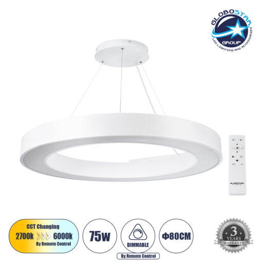 GloboStar® RA 61197 Κρεμαστό Φωτιστικό Δαχτυλίδι-Κύκλος LED CCT 75W 8250lm 120° AC 220-240V – Εναλλαγή Φωτισμού μέσω Τηλεχειριστηρίου All In One Ψυχρό 6000k+Φυσικό 4500k+Θερμό 2700k Dimmable Φ80cm – Λευκό – 3 Years Warranty