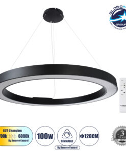 GloboStar® RA 61198 Κρεμαστό Φωτιστικό Δαχτυλίδι-Κύκλος LED CCT 100W 11020lm 120° AC 220-240V – Εναλλαγή Φωτισμού μέσω Τηλεχειριστηρίου All In One Ψυχρό 6000k+Φυσικό 4500k+Θερμό 2700k Dimmable Φ120cm – Μαύρο – 3 Years Warranty