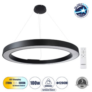 GloboStar® RA 61198 Κρεμαστό Φωτιστικό Δαχτυλίδι-Κύκλος LED CCT 100W 11020lm 120° AC 220-240V – Εναλλαγή Φωτισμού μέσω Τηλεχειριστηρίου All In One Ψυχρό 6000k+Φυσικό 4500k+Θερμό 2700k Dimmable Φ120cm – Μαύρο – 3 Years Warranty