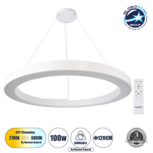 GloboStar® RA 61199 Κρεμαστό Φωτιστικό Δαχτυλίδι-Κύκλος LED CCT 100W 11020lm 120° AC 220-240V – Εναλλαγή Φωτισμού μέσω Τηλεχειριστηρίου All In One Ψυχρό 6000k+Φυσικό 4500k+Θερμό 2700k Dimmable Φ120cm – Λευκό – 3 Years Warranty