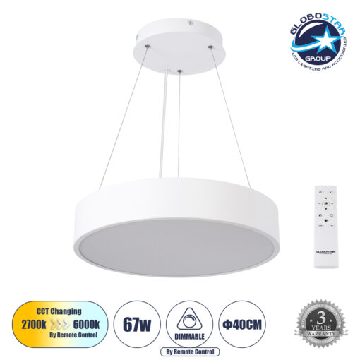 GloboStar® BURTON 61201-P Κρεμαστή Πλαφονιέρα Οροφής LED CCT 67W 7370lm 120° AC 220-240V – Εναλλαγή Φωτισμού μέσω Τηλεχειριστηρίου All In One Ψυχρό 6000k+Φυσικό 4500k+Θερμό 2700k Dimmable Φ40cm – Λευκό – 3 Years Warranty