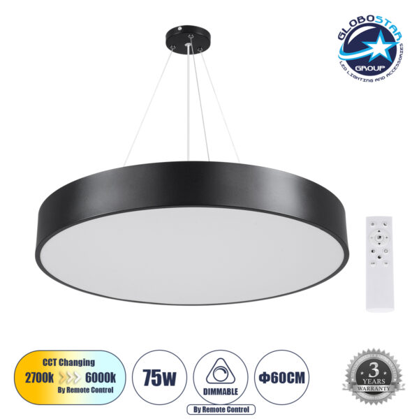 GloboStar® BURTON 61202-P Κρεμαστή Πλαφονιέρα Οροφής LED CCT 75W 8625lm 120° AC 220-240V – Εναλλαγή Φωτισμού μέσω Τηλεχειριστηρίου All In One Ψυχρό 6000k+Φυσικό 4500k+Θερμό 2700k Dimmable Φ60cm – Μαύρο – 3 Years Warranty
