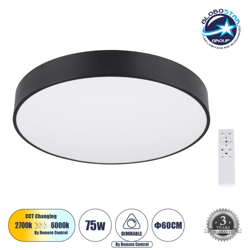 GloboStar® BURTON 61202-S Πλαφονιέρα Οροφής LED CCT 75W 8625lm 120° AC 220-240V – Εναλλαγή Φωτισμού μέσω Τηλεχειριστηρίου All In One Ψυχρό 6000k+Φυσικό 4500k+Θερμό 2700k Dimmable Φ60cm – Μαύρο – 3 Years Warranty
