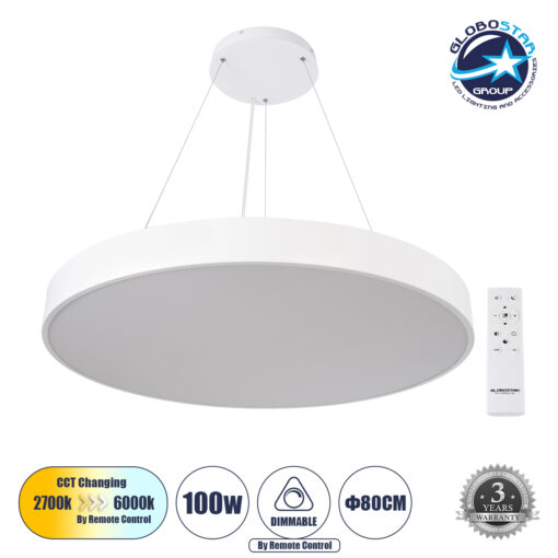 GloboStar® BURTON 61205-P Κρεμαστή Πλαφονιέρα Οροφής LED CCT 100W 11020lm 120° AC 220-240V – Εναλλαγή Φωτισμού μέσω Τηλεχειριστηρίου All In One Ψυχρό 6000k+Φυσικό 4500k+Θερμό 2700k Dimmable Φ80cm – Λευκό – 3 Years Warranty