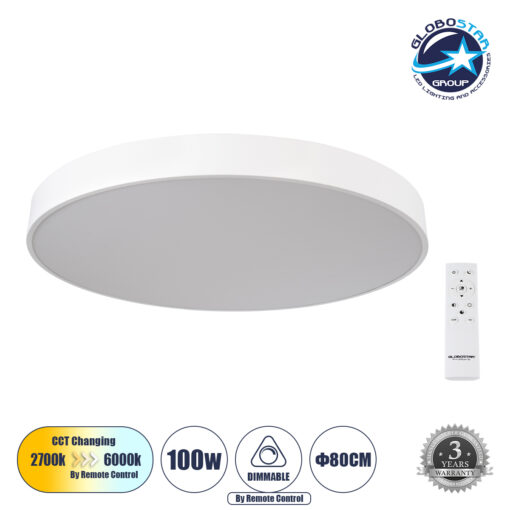 GloboStar® BURTON 61205-S Πλαφονιέρα Οροφής LED CCT 100W 11020lm 120° AC 220-240V – Εναλλαγή Φωτισμού μέσω Τηλεχειριστηρίου All In One Ψυχρό 6000k+Φυσικό 4500k+Θερμό 2700k Dimmable Φ80cm – Λευκό – 3 Years Warranty