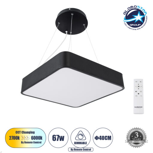 GloboStar® KAMALA 61206-P Κρεμαστή Πλαφονιέρα Οροφής LED CCT 67W 7370lm 120° AC 220-240V – Εναλλαγή Φωτισμού μέσω Τηλεχειριστηρίου All In One Ψυχρό 6000k+Φυσικό 4500k+Θερμό 2700k Dimmable Μ40 x Π40 x Υ8cm- Μαύρο – 3 Years Warranty
