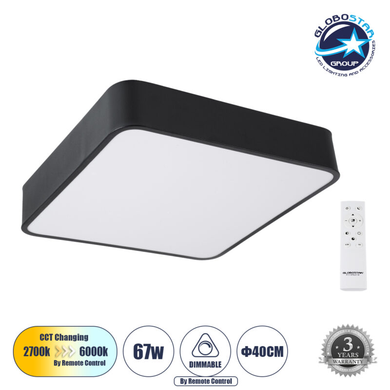 GloboStar® KAMALA 61206-S Πλαφονιέρα Οροφής LED CCT 67W 7370lm 120° AC 220-240V – Εναλλαγή Φωτισμού μέσω Τηλεχειριστηρίου All In One Ψυχρό 6000k+Φυσικό 4500k+Θερμό 2700k Dimmable Μ40 x Π40 x Υ8cm- Μαύρο – 3 Years Warranty