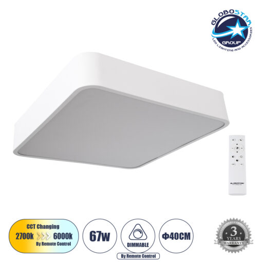 GloboStar® KAMALA 61207-S Πλαφονιέρα Οροφής LED CCT 67W 7370lm 120° AC 220-240V – Εναλλαγή Φωτισμού μέσω Τηλεχειριστηρίου All In One Ψυχρό 6000k+Φυσικό 4500k+Θερμό 2700k Dimmable Μ40 x Π40 x Υ8cm – Λευκό – 3 Years Warranty