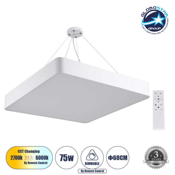 GloboStar® KAMALA 61209-P Κρεμαστή Πλαφονιέρα Οροφής LED CCT 75W 8625lm 120° AC 220-240V – Εναλλαγή Φωτισμού μέσω Τηλεχειριστηρίου All In One Ψυχρό 6000k+Φυσικό 4500k+Θερμό 2700k Dimmable Μ60 x Π60 x Υ8cm – Λευκό – 3 Years Warranty