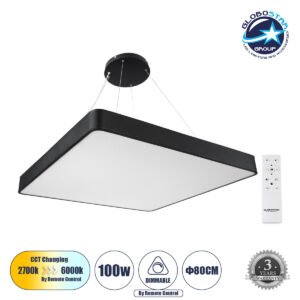GloboStar® KAMALA 61210-P Κρεμαστή Πλαφονιέρα Οροφής LED CCT 100W 11020lm 120° AC 220-240V – Εναλλαγή Φωτισμού μέσω Τηλεχειριστηρίου All In One Ψυχρό 6000k+Φυσικό 4500k+Θερμό 2700k Dimmable Μ80 x Π80 x Υ8cm- Μαύρο – 3 Years Warranty