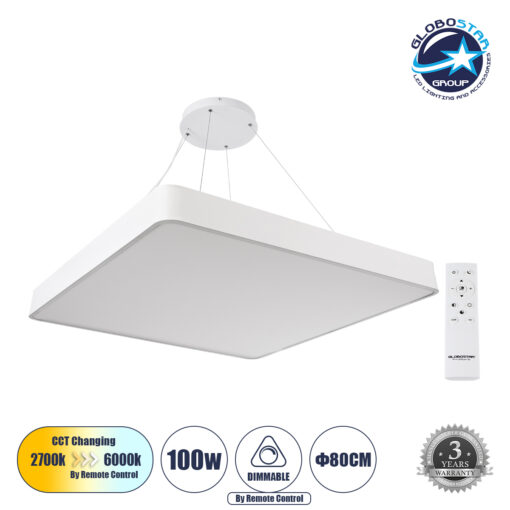 GloboStar® KAMALA 61211-P Κρεμαστή Πλαφονιέρα Οροφής LED CCT 100W 11020lm 120° AC 220-240V – Εναλλαγή Φωτισμού μέσω Τηλεχειριστηρίου All In One Ψυχρό 6000k+Φυσικό 4500k+Θερμό 2700k Dimmable Μ80 x Π80 x Υ8cm – Λευκό – 3 Years Warranty