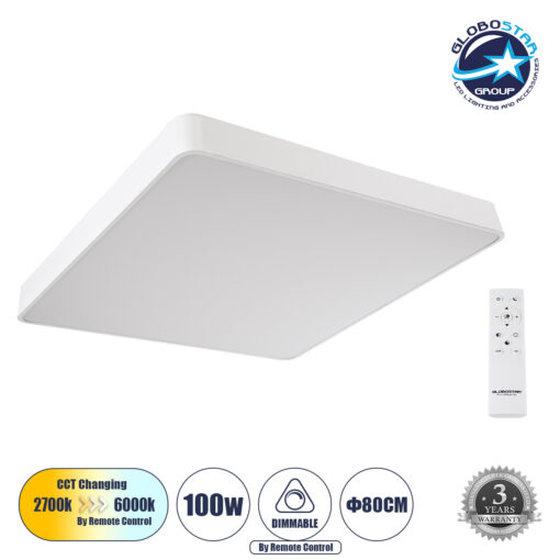 GloboStar® KAMALA 61211-S Πλαφονιέρα Οροφής LED CCT 100W 11020lm 120° AC 220-240V – Εναλλαγή Φωτισμού μέσω Τηλεχειριστηρίου All In One Ψυχρό 6000k+Φυσικό 4500k+Θερμό 2700k Dimmable Μ80 x Π80 x Υ8cm – Λευκό – 3 Years Warranty