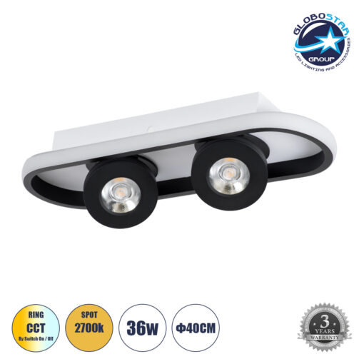 GloboStar® NESPO 61212 Φωτιστικό Οροφής Linear Design LED CCT με Κινούμενα Σποτ LED Spot Downlight 36W 4032lm 360° & 45° AC 220-240V – Εναλλαγή Φωτισμού μέσω Διακόπτη On/Off All In One Ψυχρό 6000k+Φυσικό 4500k+Θερμό 2700k Μ40 x Π13 x Υ6.5cm – Μαύρο