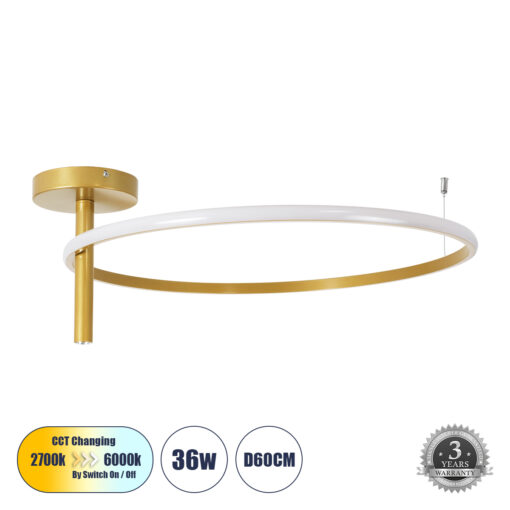 GloboStar® VERONA 61225 Φωτιστικό Οροφής Δαχτυλίδι-Κύκλος LED CCT 36W 4032lm 360° AC 220-240V – Εναλλαγή Φωτισμού μέσω Διακόπτη On/Off All In One Ψυχρό 6000k+Φυσικό 4500k+Θερμό 2700K Φ60 x Υ26cm – Χρυσό Βούρτσας – 3 Χρόνια Εγγύηση