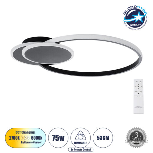 GloboStar® CIRCUO 61229 Φωτιστικό Οροφής Δαχτυλίδι-Κύκλος LED CCT 75W 8400lm 360° AC 220-240V – Εναλλαγή Φωτισμού μέσω Τηλεχειριστηρίου All In One Ψυχρό 6000k+Φυσικό 4500k+Θερμό 2700k Dimmable Μ53 x Π42.5 x Υ9cm – Μαύρο – 3 Years Warranty