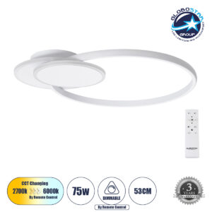 GloboStar® CIRCUO 61230 Φωτιστικό Οροφής Δαχτυλίδι-Κύκλος LED CCT 75W 8400lm 360° AC 220-240V – Εναλλαγή Φωτισμού μέσω Τηλεχειριστηρίου All In One Ψυχρό 6000k+Φυσικό 4500k+Θερμό 2700k Dimmable Μ53 x Π42.5 x Υ9cm – Λευκό – 3 Years Warranty