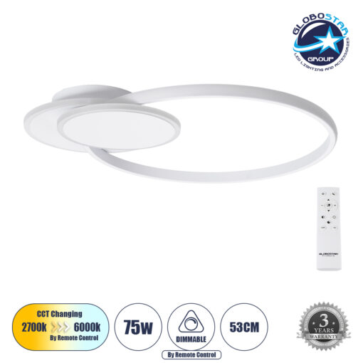 GloboStar® CIRCUO 61230 Φωτιστικό Οροφής Δαχτυλίδι-Κύκλος LED CCT 75W 8400lm 360° AC 220-240V – Εναλλαγή Φωτισμού μέσω Τηλεχειριστηρίου All In One Ψυχρό 6000k+Φυσικό 4500k+Θερμό 2700k Dimmable Μ53 x Π42.5 x Υ9cm – Λευκό – 3 Years Warranty
