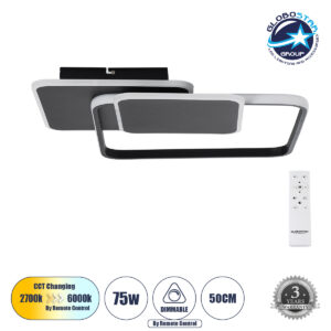 GloboStar® SQUARO 61231 Φωτιστικό Οροφής Δαχτυλίδι-Κύκλος LED CCT 75W 8400lm 360° AC 220-240V – Εναλλαγή Φωτισμού μέσω Τηλεχειριστηρίου All In One Ψυχρό 6000k+Φυσικό 4500k+Θερμό 2700k Dimmable Μ48.5 x Π51 x Υ9cm – Μαύρο – 3 Years Warranty