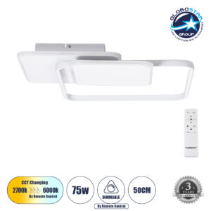 GloboStar® SQUARO 61232 Φωτιστικό Οροφής Δαχτυλίδι-Κύκλος LED CCT 75W 8400lm 360° AC 220-240V – Εναλλαγή Φωτισμού μέσω Τηλεχειριστηρίου All In One Ψυχρό 6000k+Φυσικό 4500k+Θερμό 2700k Dimmable Μ48.5 x Π51 x Υ9cm – Λευκό – 3 Years Warranty