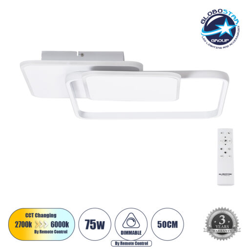 GloboStar® SQUARO 61232 Φωτιστικό Οροφής Δαχτυλίδι-Κύκλος LED CCT 75W 8400lm 360° AC 220-240V – Εναλλαγή Φωτισμού μέσω Τηλεχειριστηρίου All In One Ψυχρό 6000k+Φυσικό 4500k+Θερμό 2700k Dimmable Μ48.5 x Π51 x Υ9cm – Λευκό – 3 Years Warranty
