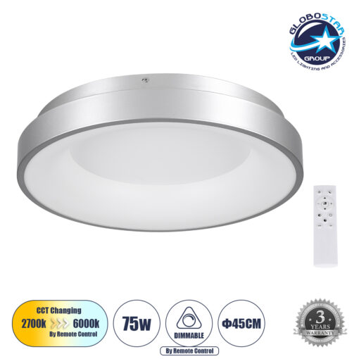 GloboStar® SALEM 61234 Πλαφονιέρα Οροφής Δαχτυλίδι-Κύκλος LED CCT 75W 8625lm 120° AC 220-240V – Εναλλαγή Φωτισμού μέσω Τηλεχειριστηρίου All In One Ψυχρό 6000k+Φυσικό 4500k+Θερμό 2700k Dimmable Φ45cm – Ασημί – 3 Years Warranty