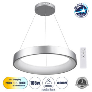 GloboStar® SALEM 61246 Κρεμαστή Πλαφονιέρα Οροφής Δαχτυλίδι-Κύκλος LED CCT 105W 12075lm 120° AC 220-240V – Εναλλαγή Φωτισμού μέσω Τηλεχειριστηρίου All In One Ψυχρό 6000k+Φυσικό 4500k+Θερμό 2700k Dimmable Φ60cm – Ασημί – 3 Years Warranty