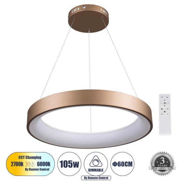 GloboStar® SALEM 61248 Κρεμαστή Πλαφονιέρα Οροφής Δαχτυλίδι-Κύκλος LED CCT 105W 12075lm 120° AC 220-240V – Εναλλαγή Φωτισμού μέσω Τηλεχειριστηρίου All In One Ψυχρό 6000k+Φυσικό 4500k+Θερμό 2700k Dimmable Φ60cm – Καφέ Χάλκινο – 3 Years Warranty