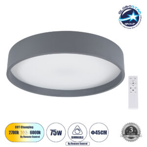 GloboStar® NARNIA 61258 Πλαφονιέρα Οροφής LED CCT 75W 8625lm 120° AC 220-240V – Εναλλαγή Φωτισμού μέσω Τηλεχειριστηρίου All In One Ψυχρό 6000k+Φυσικό 4500k+Θερμό 2700k Dimmable Φ45 x Υ8cm – Γκρι Ανθρακί – 3 Years Warranty