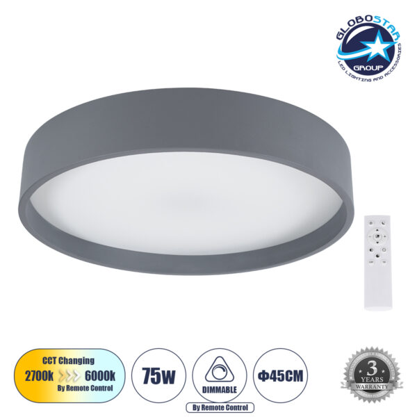 GloboStar® NARNIA 61258 Πλαφονιέρα Οροφής LED CCT 75W 8625lm 120° AC 220-240V – Εναλλαγή Φωτισμού μέσω Τηλεχειριστηρίου All In One Ψυχρό 6000k+Φυσικό 4500k+Θερμό 2700k Dimmable Φ45 x Υ8cm – Γκρι Ανθρακί – 3 Years Warranty