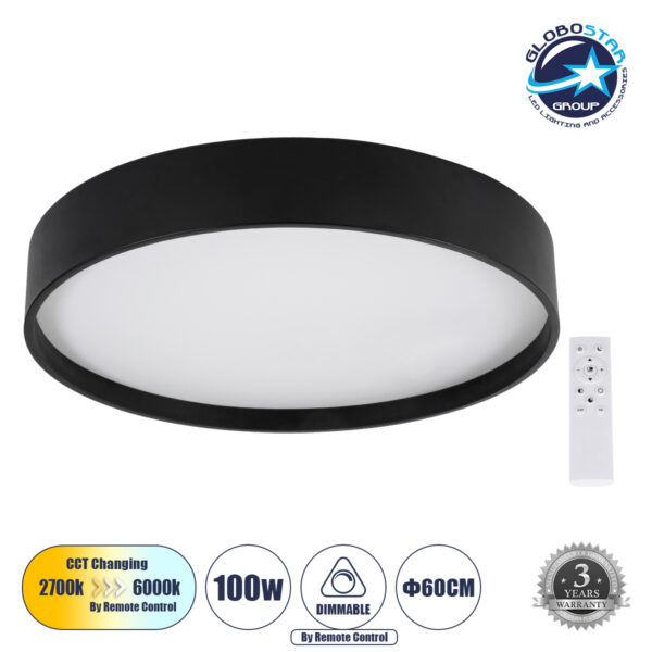 GloboStar® NARNIA 61259 Πλαφονιέρα Οροφής LED CCT 100W 11500lm 120° AC 220-240V – Εναλλαγή Φωτισμού μέσω Τηλεχειριστηρίου All In One Ψυχρό 6000k+Φυσικό 4500k+Θερμό 2700k Dimmable Φ60 x Υ10cm – Μαύρο – 3 Years Warranty