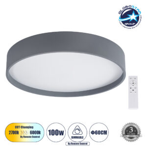 GloboStar® NARNIA 61260 Πλαφονιέρα Οροφής LED CCT 100W 11500lm 120° AC 220-240V – Εναλλαγή Φωτισμού μέσω Τηλεχειριστηρίου All In One Ψυχρό 6000k+Φυσικό 4500k+Θερμό 2700k Dimmable Φ60 x Υ10cm – Γκρι Ανθρακί – 3 Years Warranty