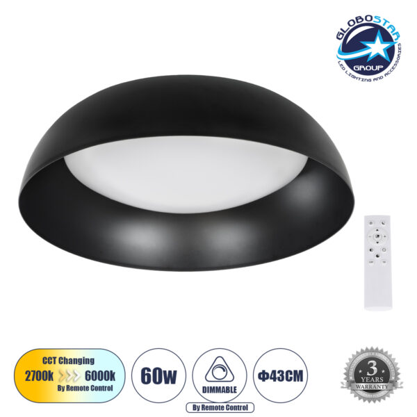GloboStar® ANATOLIA 61261 Πλαφονιέρα Οροφής LED CCT 60W 6900lm 120° AC 220-240V – Εναλλαγή Φωτισμού μέσω Τηλεχειριστηρίου All In One Ψυχρό 6000k+Φυσικό 4500k+Θερμό 2700k Dimmable Φ43cm – Μαύρο – 3 Years Warranty