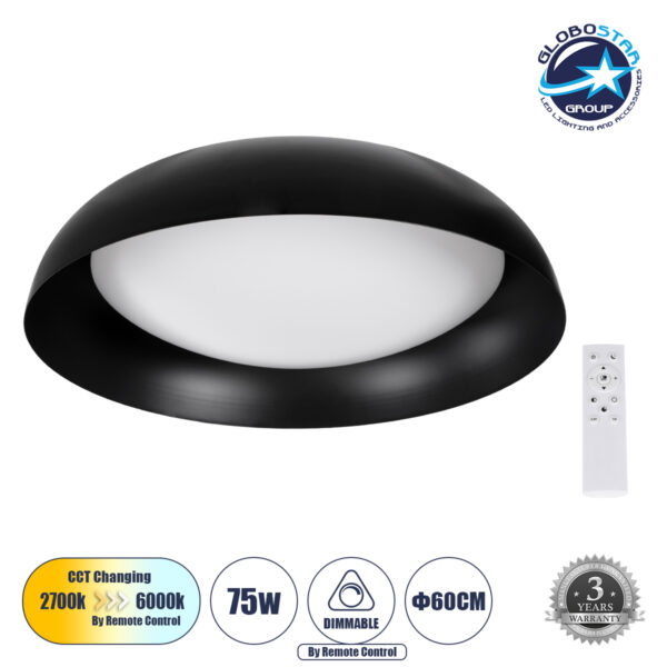 GloboStar® ANATOLIA 61264 Πλαφονιέρα Οροφής LED CCT 75W 8625lm 120° AC 220-240V – Εναλλαγή Φωτισμού μέσω Τηλεχειριστηρίου All In One Ψυχρό 6000k+Φυσικό 4500k+Θερμό 2700k Dimmable Φ60cm – Μαύρο – 3 Years Warranty