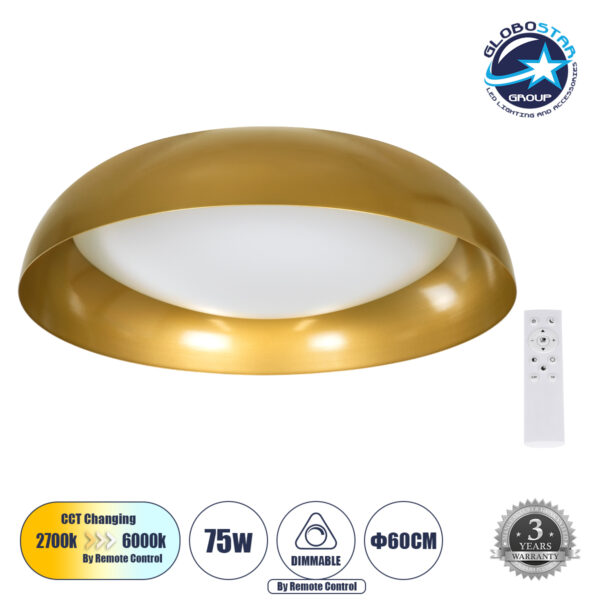 GloboStar® ANATOLIA 61266 Πλαφονιέρα Οροφής LED CCT 75W 8625lm 120° AC 220-240V – Εναλλαγή Φωτισμού μέσω Τηλεχειριστηρίου All In One Ψυχρό 6000k+Φυσικό 4500k+Θερμό 2700k Dimmable Φ60cm – Χρυσό – 3 Years Warranty