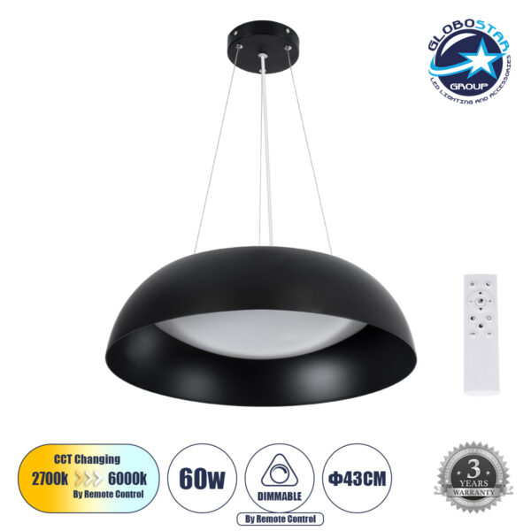 GloboStar® ANATOLIA 61267 Κρεμαστή Πλαφονιέρα Οροφής LED CCT 60W 6900lm 120° AC 220-240V – Εναλλαγή Φωτισμού μέσω Τηλεχειριστηρίου All In One Ψυχρό 6000k+Φυσικό 4500k+Θερμό 2700k Dimmable Φ43cm – Μαύρο – 3 Years Warranty
