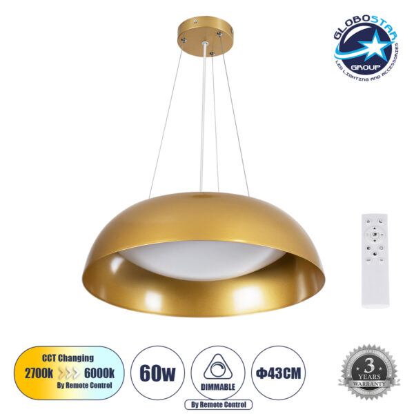 GloboStar® ANATOLIA 61268 Κρεμαστή Πλαφονιέρα Οροφής LED CCT 60W 6900lm 120° AC 220-240V – Εναλλαγή Φωτισμού μέσω Τηλεχειριστηρίου All In One Ψυχρό 6000k+Φυσικό 4500k+Θερμό 2700k Dimmable Φ43cm – Χρυσό – 3 Years Warranty