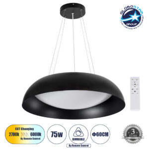 GloboStar® ANATOLIA 61269 Κρεμαστή Πλαφονιέρα Οροφής LED CCT 75W 8625lm 120° AC 220-240V – Εναλλαγή Φωτισμού μέσω Τηλεχειριστηρίου All In One Ψυχρό 6000k+Φυσικό 4500k+Θερμό 2700k Dimmable Φ60cm – Μαύρο – 3 Years Warranty