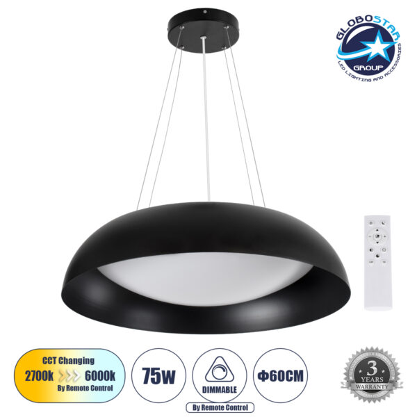 GloboStar® ANATOLIA 61269 Κρεμαστή Πλαφονιέρα Οροφής LED CCT 75W 8625lm 120° AC 220-240V – Εναλλαγή Φωτισμού μέσω Τηλεχειριστηρίου All In One Ψυχρό 6000k+Φυσικό 4500k+Θερμό 2700k Dimmable Φ60cm – Μαύρο – 3 Years Warranty