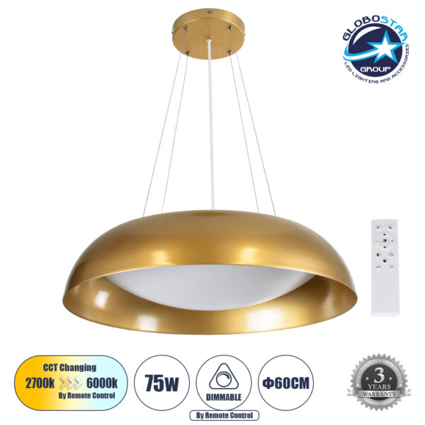 GloboStar® ANATOLIA 61270 Κρεμαστή Πλαφονιέρα Οροφής LED CCT 75W 8625lm 120° AC 220-240V – Εναλλαγή Φωτισμού μέσω Τηλεχειριστηρίου All In One Ψυχρό 6000k+Φυσικό 4500k+Θερμό 2700k Dimmable Φ60cm – Χρυσό – 3 Years Warranty