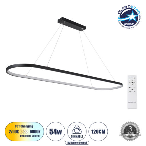 GloboStar® BOLIVAR 61271 Κρεμαστό Φωτιστικό Οροφής Design LED CCT 54W 6210lm 300° AC 220-240V – Εναλλαγή Φωτισμού μέσω Τηλεχειριστηρίου All In One Ψυχρό 6000k+Φυσικό 4500k+Θερμό 2700k Dimmable Μ120 x Π30 x Υ2cm – Μαύρο – 3 Years Warranty