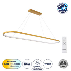 GloboStar® BOLIVAR 61274 Κρεμαστό Φωτιστικό Οροφής Design LED CCT 54W 6210lm 300° AC 220-240V – Εναλλαγή Φωτισμού μέσω Τηλεχειριστηρίου All In One Ψυχρό 6000k+Φυσικό 4500k+Θερμό 2700k Dimmable Μ120 x Π30 x Υ2cm – Χρυσό Βούρτσας – 3 Years Warranty
