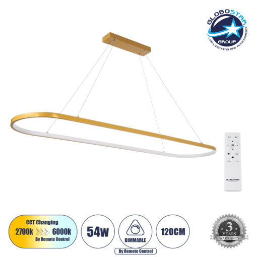 GloboStar® BOLIVAR 61274 Κρεμαστό Φωτιστικό Οροφής Design LED CCT 54W 6210lm 300° AC 220-240V – Εναλλαγή Φωτισμού μέσω Τηλεχειριστηρίου All In One Ψυχρό 6000k+Φυσικό 4500k+Θερμό 2700k Dimmable Μ120 x Π30 x Υ2cm – Χρυσό Βούρτσας – 3 Years Warranty