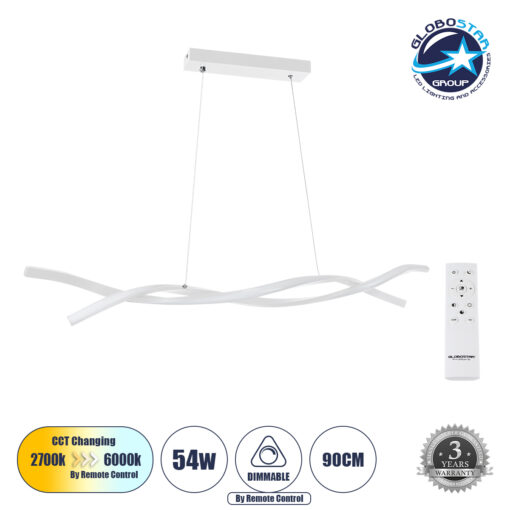 GloboStar® MORALES 61276 Κρεμαστό Φωτιστικό Οροφής Design LED CCT 54W 6048lm 200° AC 220-240V – Εναλλαγή Φωτισμού μέσω Τηλεχειριστηρίου All In One Ψυχρό 6000k+Φυσικό 4500k+Θερμό 2700k Dimmable Μ90 x Π14 x Υ14cm – Λευκό – 3 Years Warranty