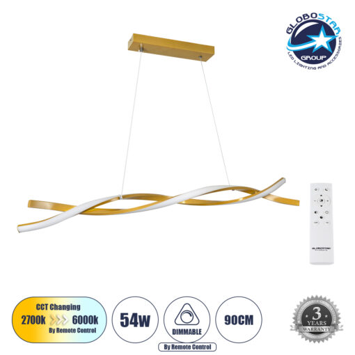 GloboStar® MORALES 61278 Κρεμαστό Φωτιστικό Οροφής Design LED CCT 54W 6048lm 200° AC 220-240V – Εναλλαγή Φωτισμού μέσω Τηλεχειριστηρίου All In One Ψυχρό 6000k+Φυσικό 4500k+Θερμό 2700k Dimmable Μ90 x Π14 x Υ14cm – Χρυσό Πλατίνα – 3 Years Warranty